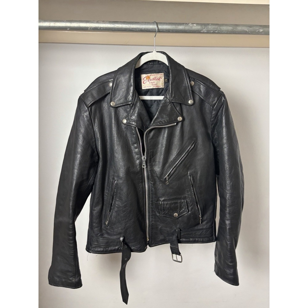 Vintage 80s Excelled Genuine Leather Perfecto Motorcycle Jacket Made in USA 44L